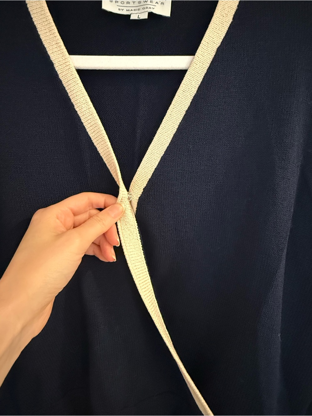 St. John Navy V-Neck Wrap-Style Sweater with Cream Trim Accents - Picture 5 of 9